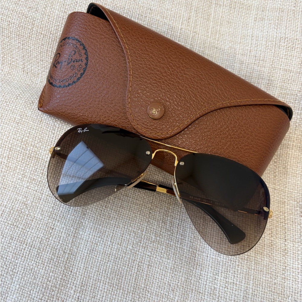 Ray-Ban Gold Frame Aviator Sunglasses with Brown Leather Case